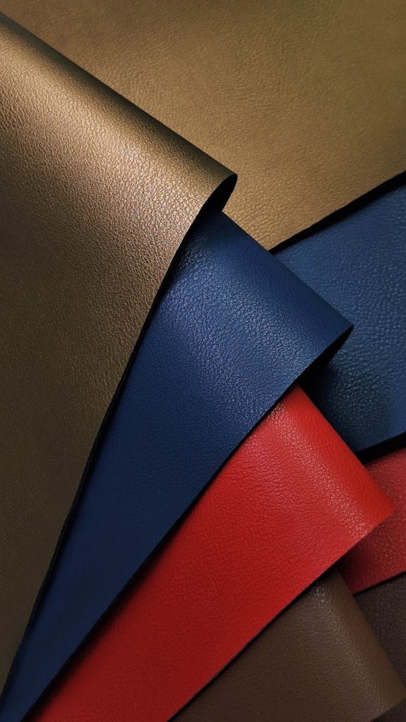 Vibrant synthetic leather in various colors for fashion and design projects.